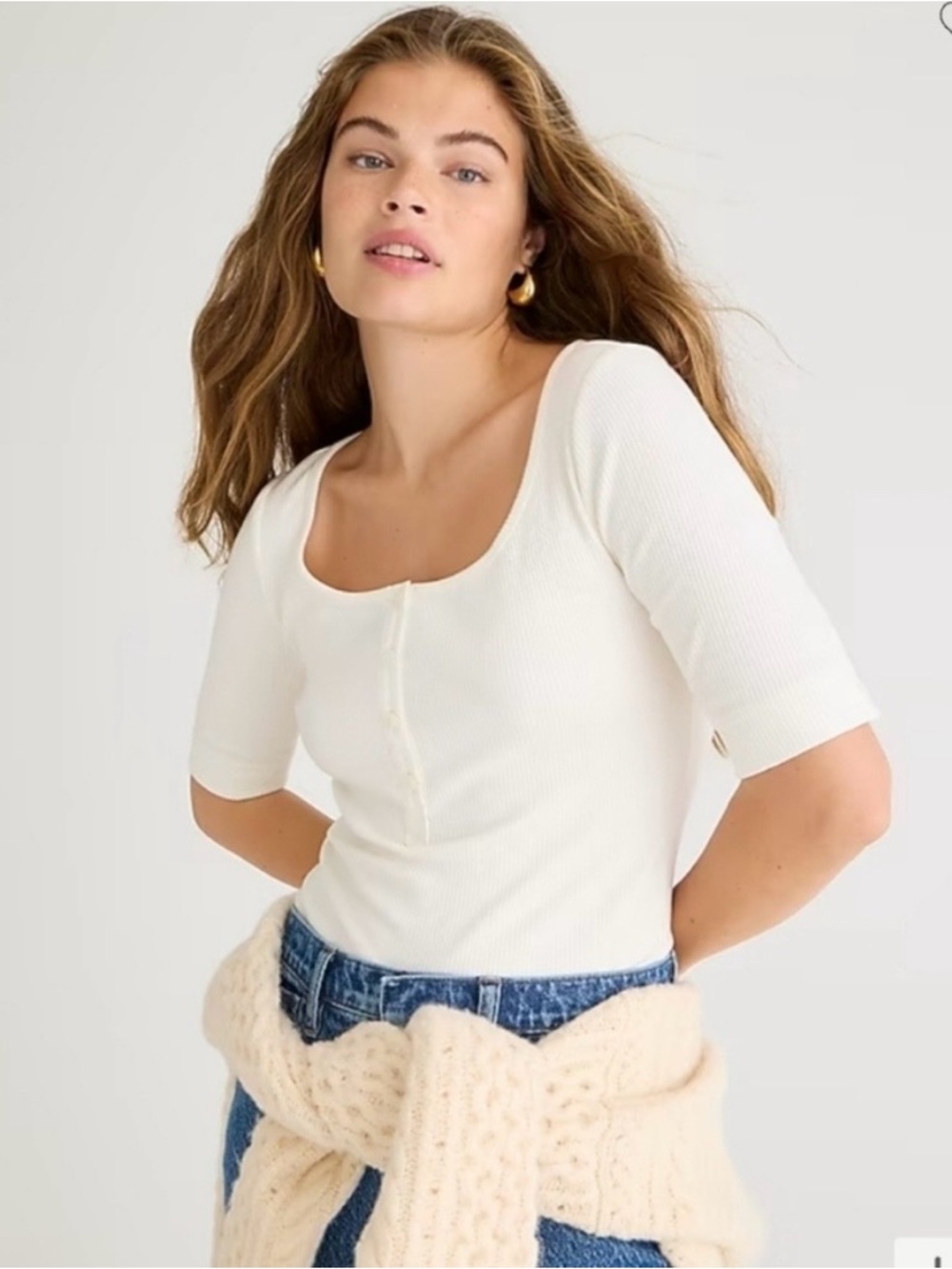 NWT, J Crew Scoop Neck Vintage Ribbed Henley Short Sleeve T Shirt, Ivory, SZ XXL